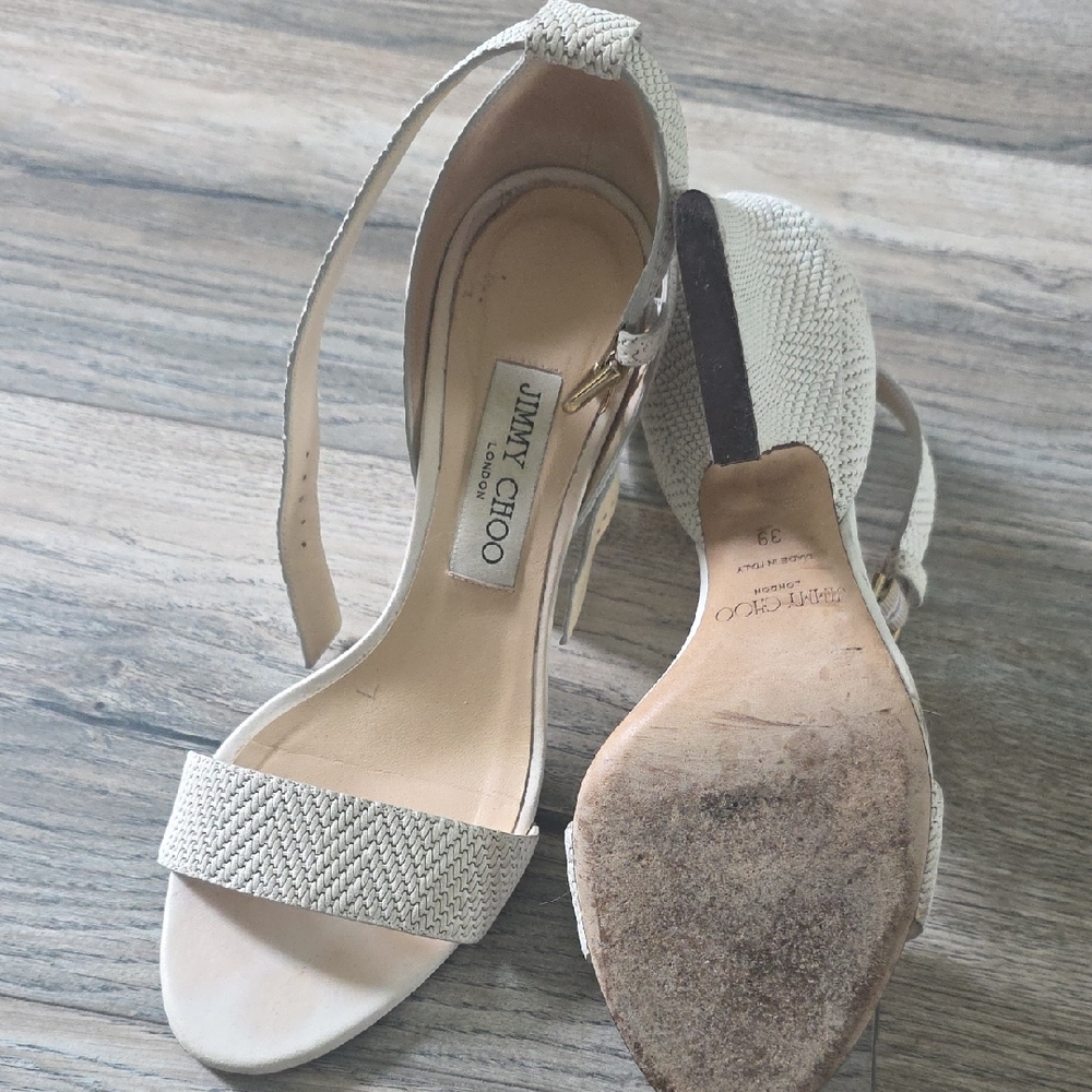Jimmy Choo Cream Woven Leather Ankle-Strap Heels - Picture 7 of 10